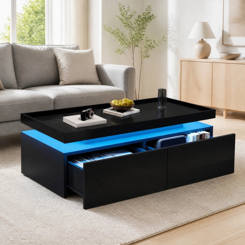 Tavolino da caffè LED nero lucido con 2 cassetti 95x45x35 cm