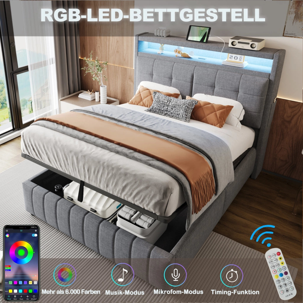 OKWISH Letto Contenitore 140×200 cm, Letto Matrimoniale con LED Regolabile, USB, Mensole e Contenitore Idraulico, senza Materasso, in Tessuto Grigio