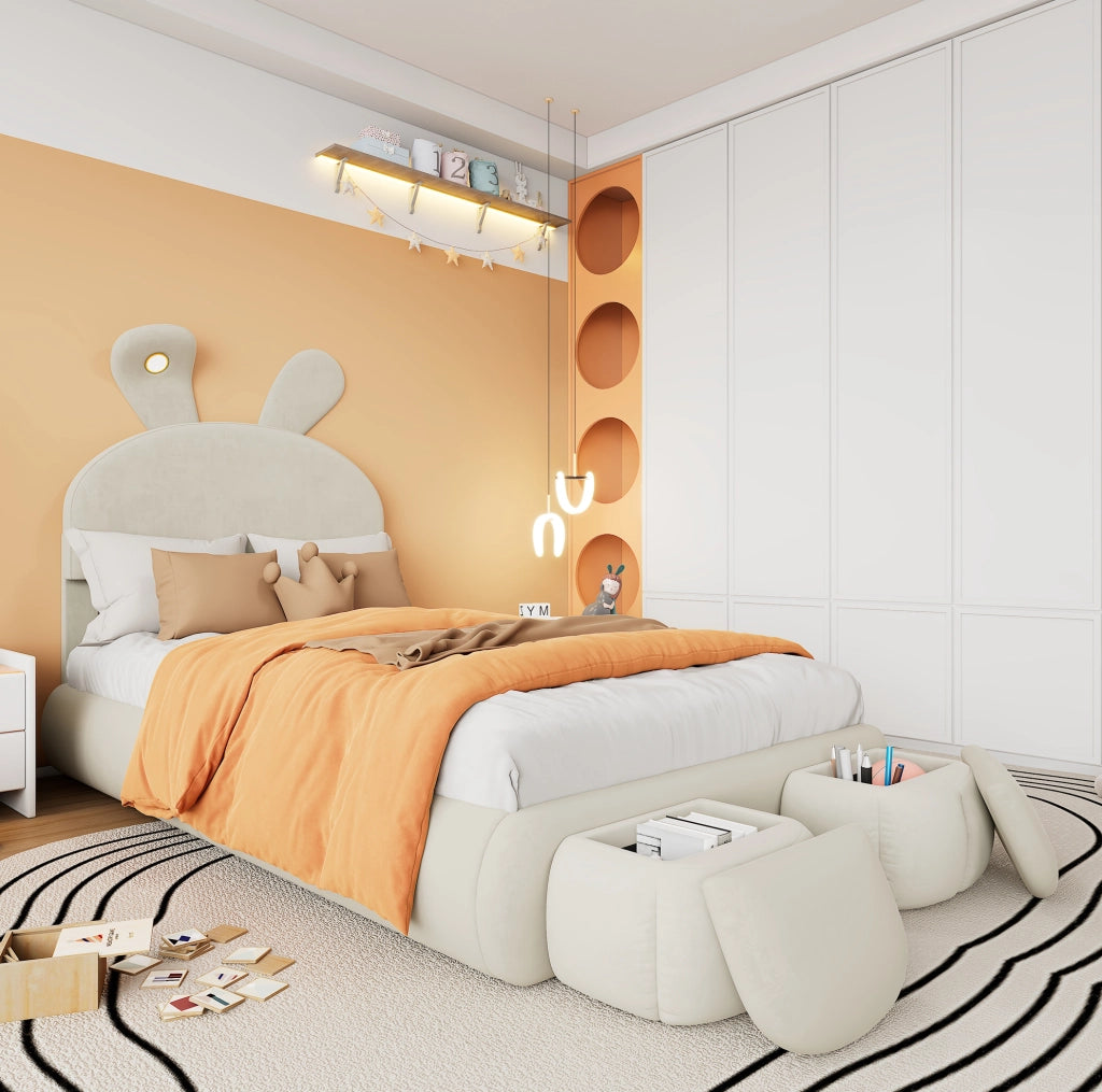 Letto singolo imbottito con orecchie di coniglio e LED 90x200 cm