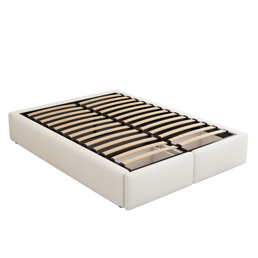 Letto imbottito 140x200 cm senza testiera con contenitore idraulico; 2 cassetti; bianco