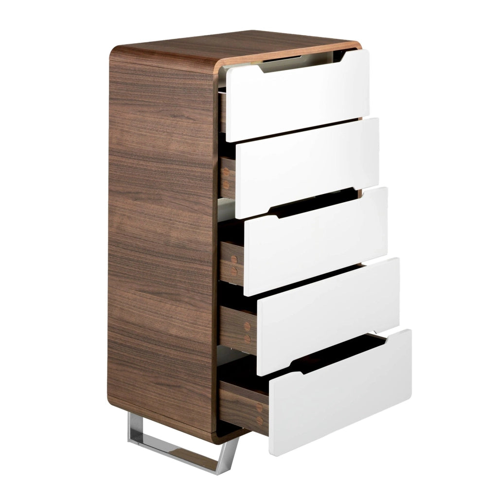 Chiffoniera in legno bianco, noce e acciaio cromato