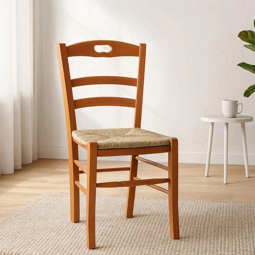 Sedia da sala da pranzo loris in legno in ciliegio con seduta in paglia