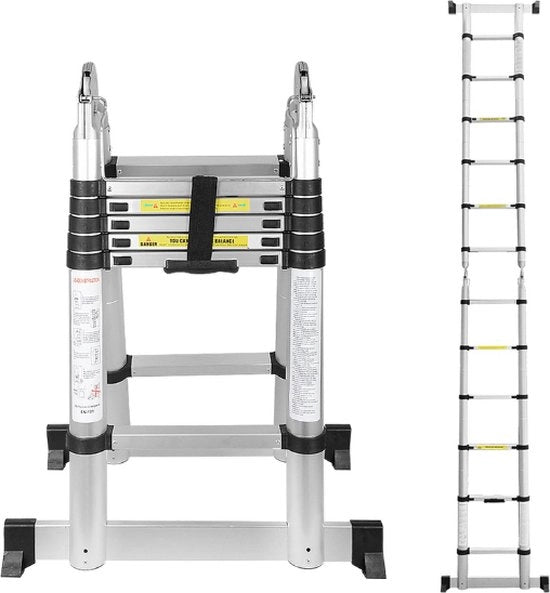 Ladder a Vouw con Chiusura Soft - Telescopica - Altezza di Lavoro 1,9+1,9 m - Argento