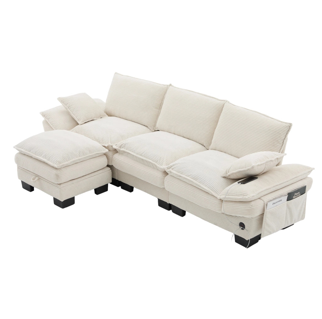 Divano modulare 3 posti con pouf in velluto a coste beige