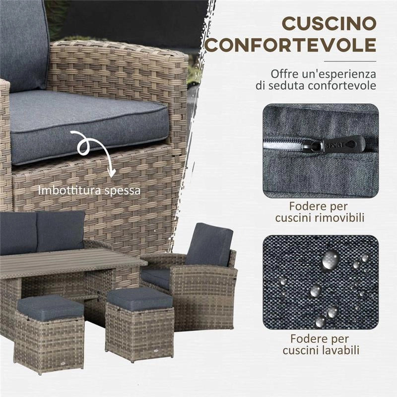 SET DA GIARDINO IN RATTAN PE CON DIVANO 3 POSTI 2 POLTRONE 2 SGABELLI E TAVOLO