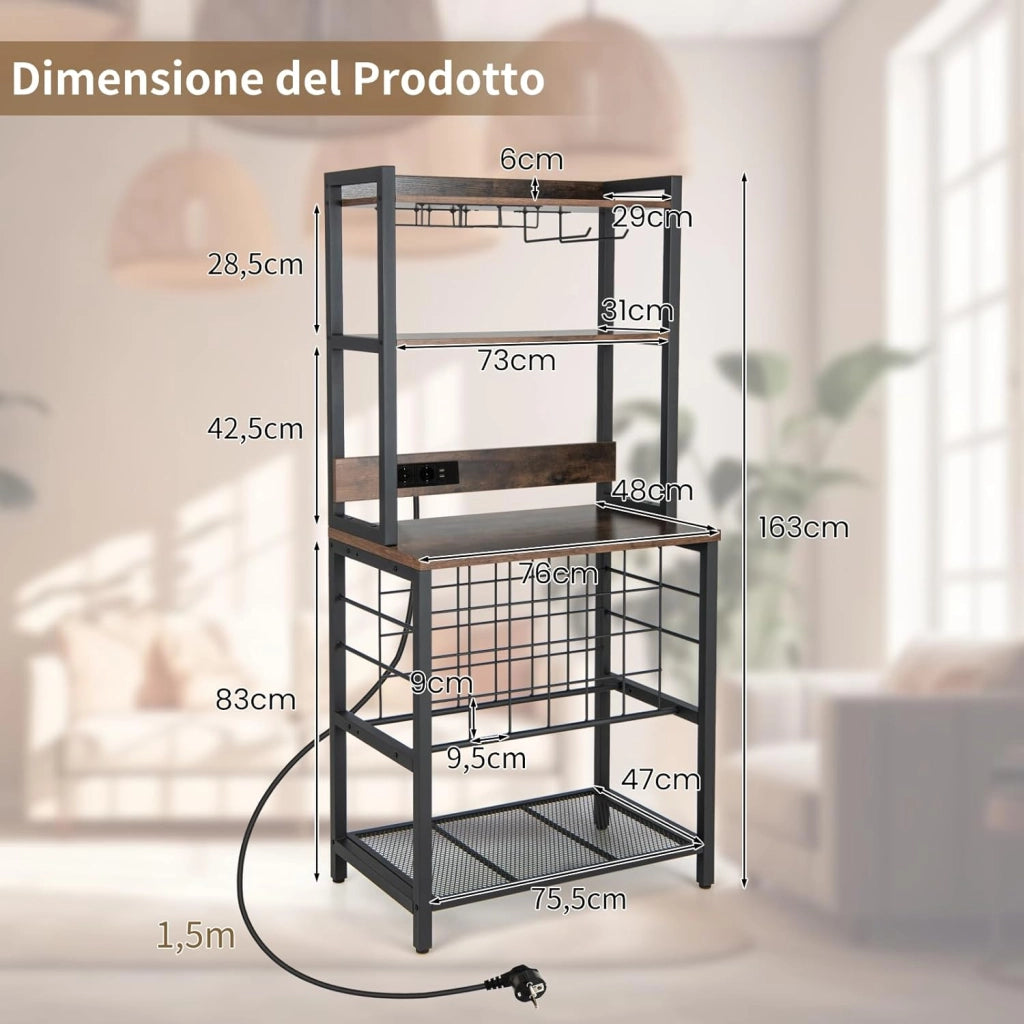 Mobile Bar Vino, Portabottiglie Industriale con 4 Ripiani, Porta Calici, Porte USB e Prese, con Struttura in Metallo Robusto, 75,5 x 48 x 163 cm