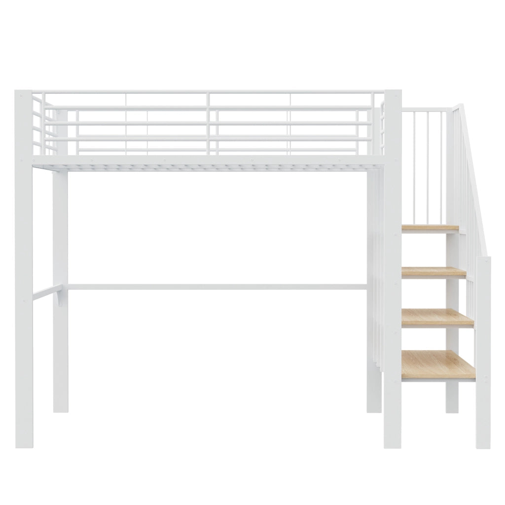 OKWISH Letto a Soppalco 140×200 cm, Letto Matrimoniale con Scala, Ampio Spazio Contenitore, senza Materasso, in Metallo e Legno, Bianco
