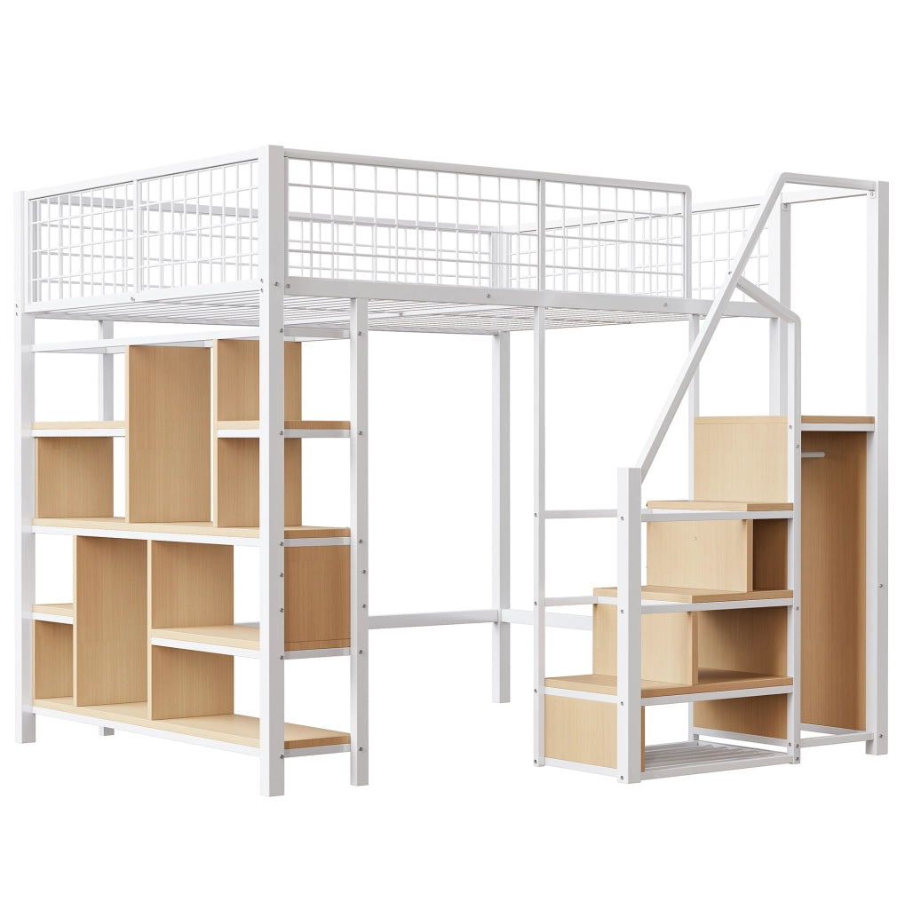 Letto a soppalco 140x200 cm in metallo e legno; con scala contenitore; bianco