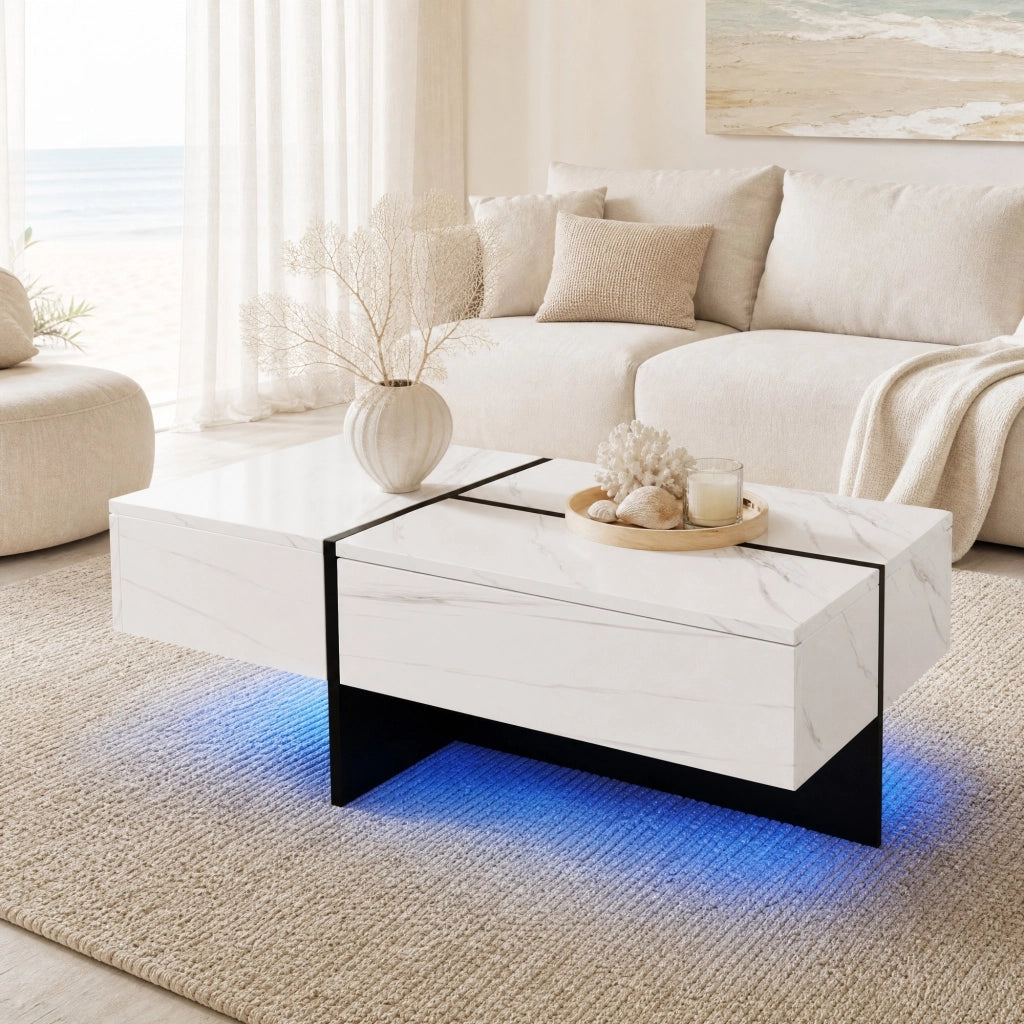 TAVOLINO DA SALOTTO 100x50x34,5 cm Bianco Lucido, 3 cassetti, LED App