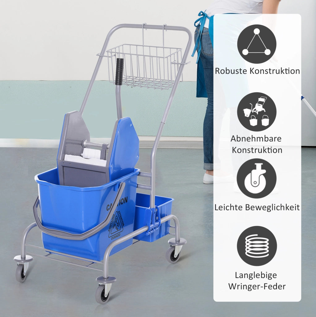 Carrello per pulizia con secchio da 25 L, strizzatore e 4 ruote blu