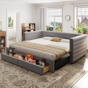OKWISH Letto a Cassetto Tipo Divano 90×190 cm, Letto Singolo con 2 Cassetti, Convertibile 180×190 cm, senza Materasso, Imbottito, Grigio