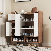 Credenza moderna con ripiani regolabili, ante senza maniglia e gambe in legno massiccio, Bianco/Naturale, L90 x P35 x H99 cm