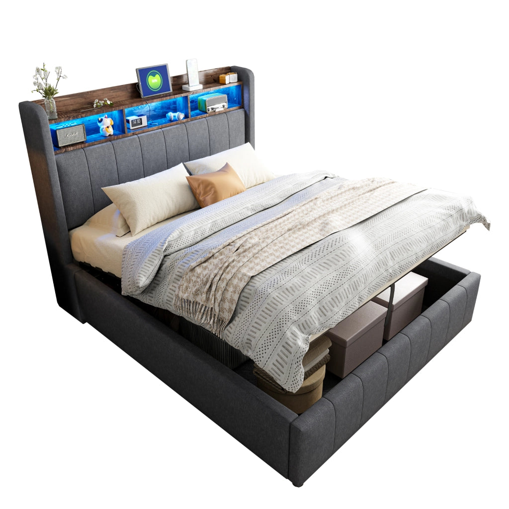 Letto matrimoniale imbottito 140x200 cm con LED, USB e vano contenitore idraulico, grigio