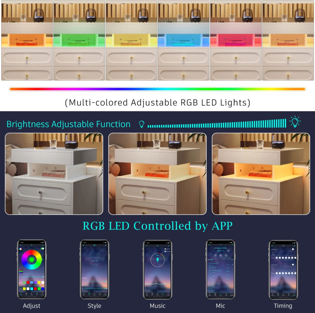 Comodino bianco con LED, 2 cassetti e vano aperto, 100x40x60 cm