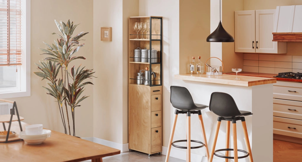 SoBuy Carrello Salvaspazio con Cassetti e Ruote, Mobiletto Multiuso per Cucina, Bagno e Lavanderia Naturale 20x40x170 cm NSR13-N
