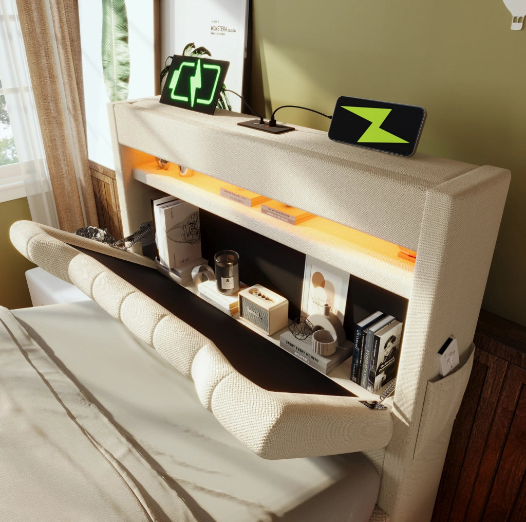 Letto singolo 90x200 cm in lino beige con LED; testiera con ricarica USB e Type-C; contenitore