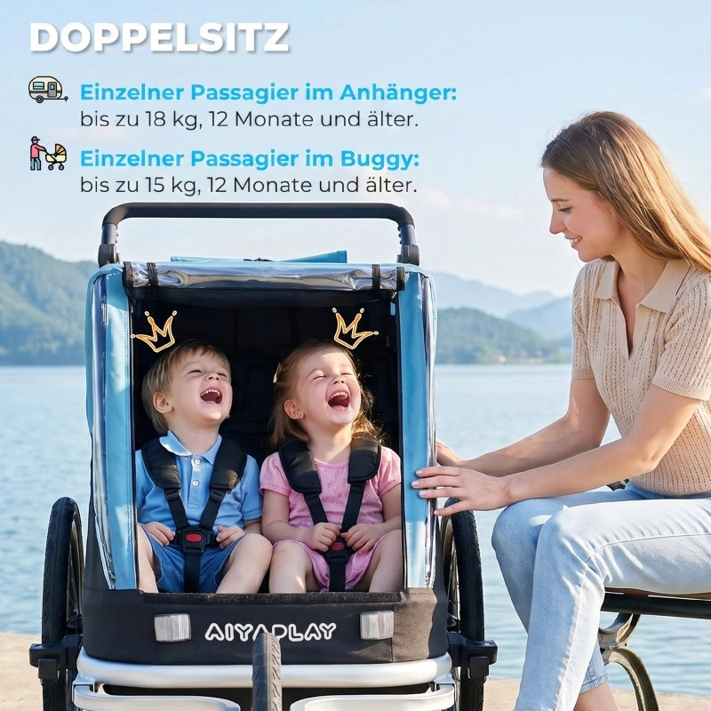 RIMORCHIO BICI PER BAMBINI 2 POSTI 2-in-1 PIEGHEVOLE BLU ALLUMINIO