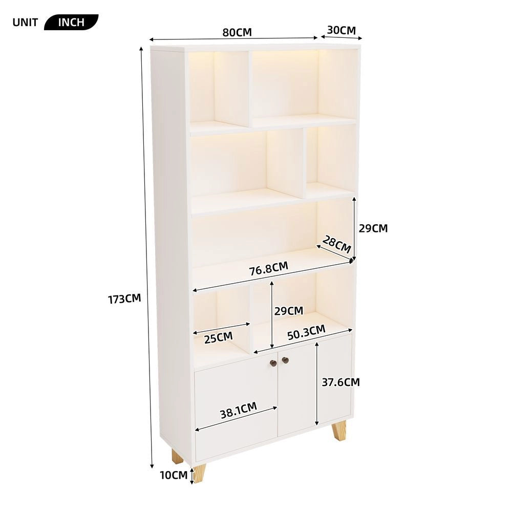 Libreria a 80x30x173cm - Xylo - Bianco, LED RGB, ante doppie, piedi in legno massello