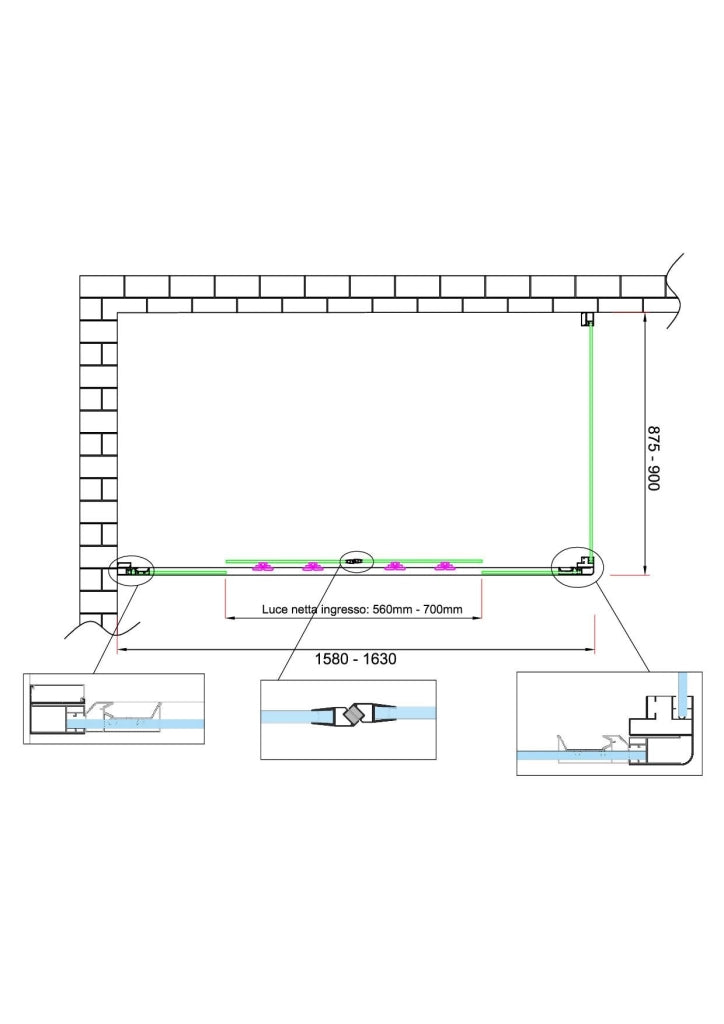 Box doccia 6 mm H 190 parete fissa e porta a 4 ante con apertura centrale MISURA 87,5-90 ANTA FISSA + PORTA 158-163