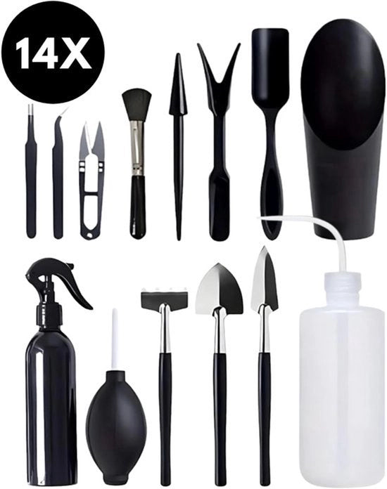 Kit di cura per bonsai - 14 pezzi - Kit di partenza per piante da appartamento - Attrezzatura per bonsai - Kit di manutenzione per alberi bonsai - Kit di cura per bonsai - Set di attrezzi con lama, sega, rastrello, zappatrice per erbacce