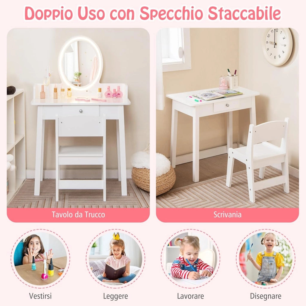 Set Toeletta per Bambini con Sgabello, Cassetti e Specchio Staccabile, Toeletta per Bambini in Legno, Con Luce Regolabile, Ideale per Bambini dai 3 ai 8 Anni, 60 x 35 x 96 cm
