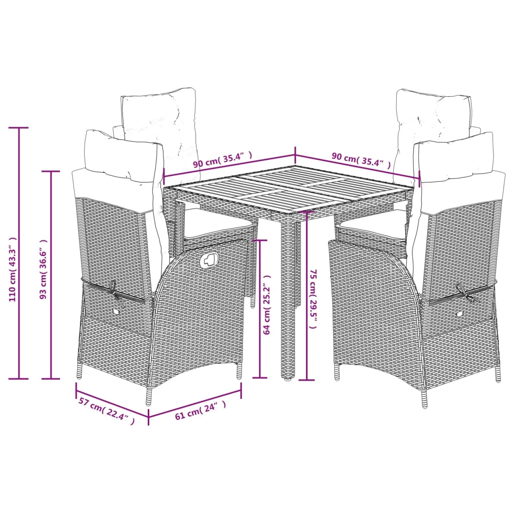 Set da Pranzo da Giardino 5 pz Nero con Cuscini in Polyrattan