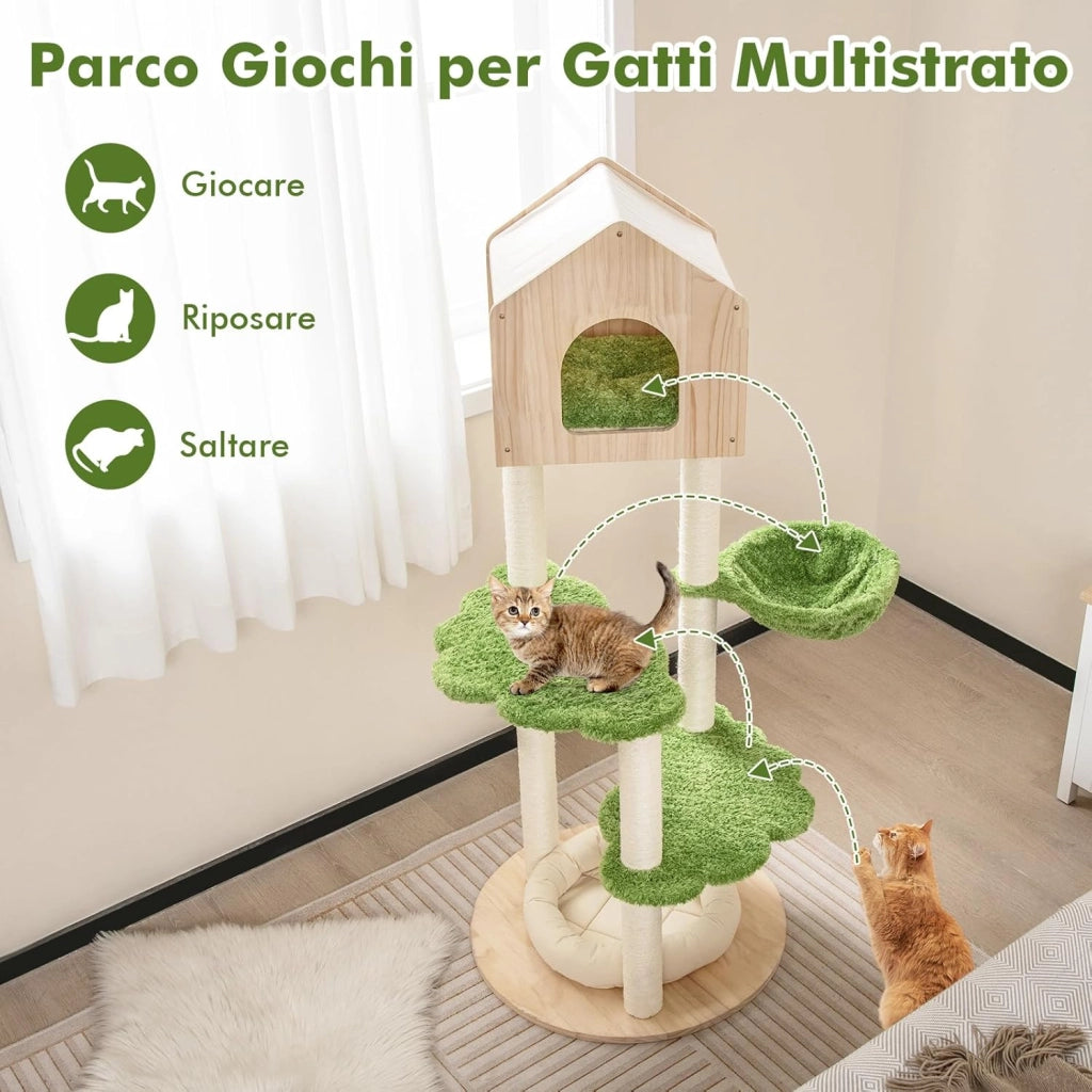 Albero Tiragraffi per Gatti 139 cm, Torre Multi-livello in Legno con Tiragraffi in Sisal, Piattaforme di Salto, Trespolo e Amaca, Centro di Attività per Gatti, Verde