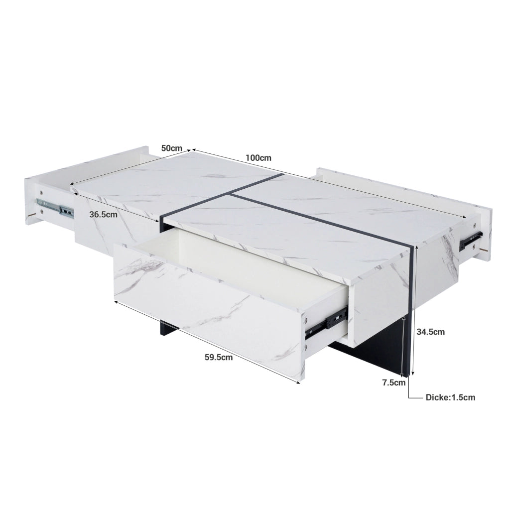 Tavolino da salotto lucido effetto marmo bianco 100 x 50 x 34;5 cm con LED App e 3 cassetti