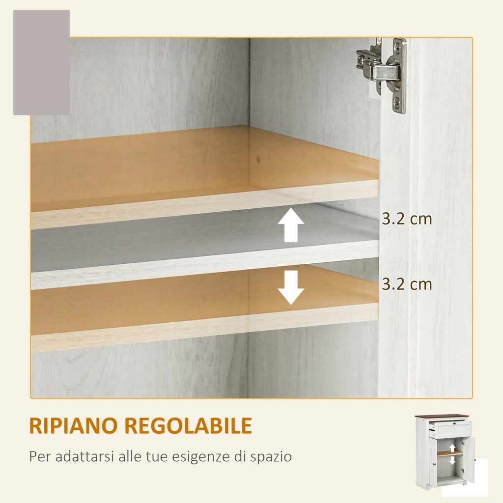 Credenza Bassa da Cucina in Stile Rustico con Cassetto e Armadietto con Ripiano Regolabile, Bianco
