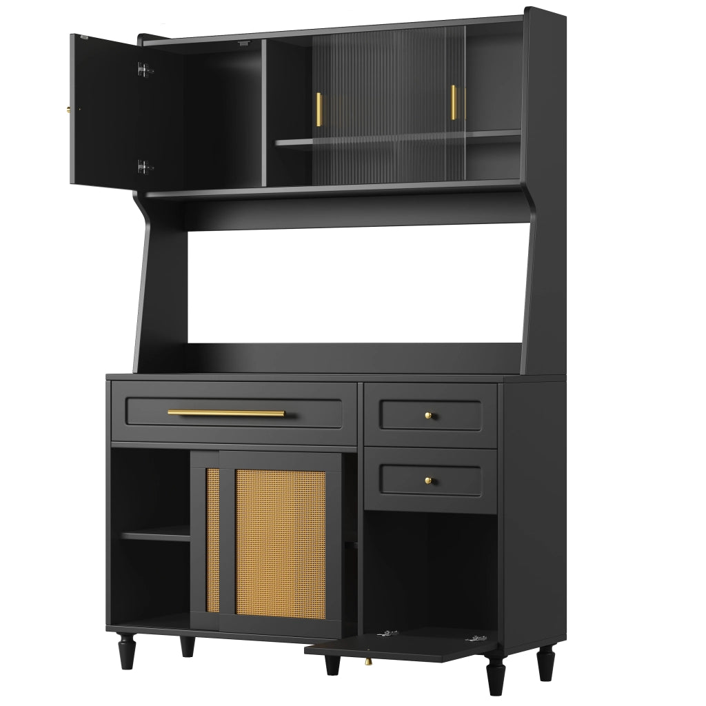 Credenza Alta da Cucina con 3 Cassetti; Ripiani Regolabili e LED; in MDF; Nero; 120x45x195;5 cm