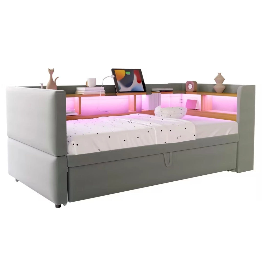 Divano Letto Imbottito Estraibile 90/180x190 cm con LED, Prese Elettriche e Numerosi Ripiani, Grigio Chiaro