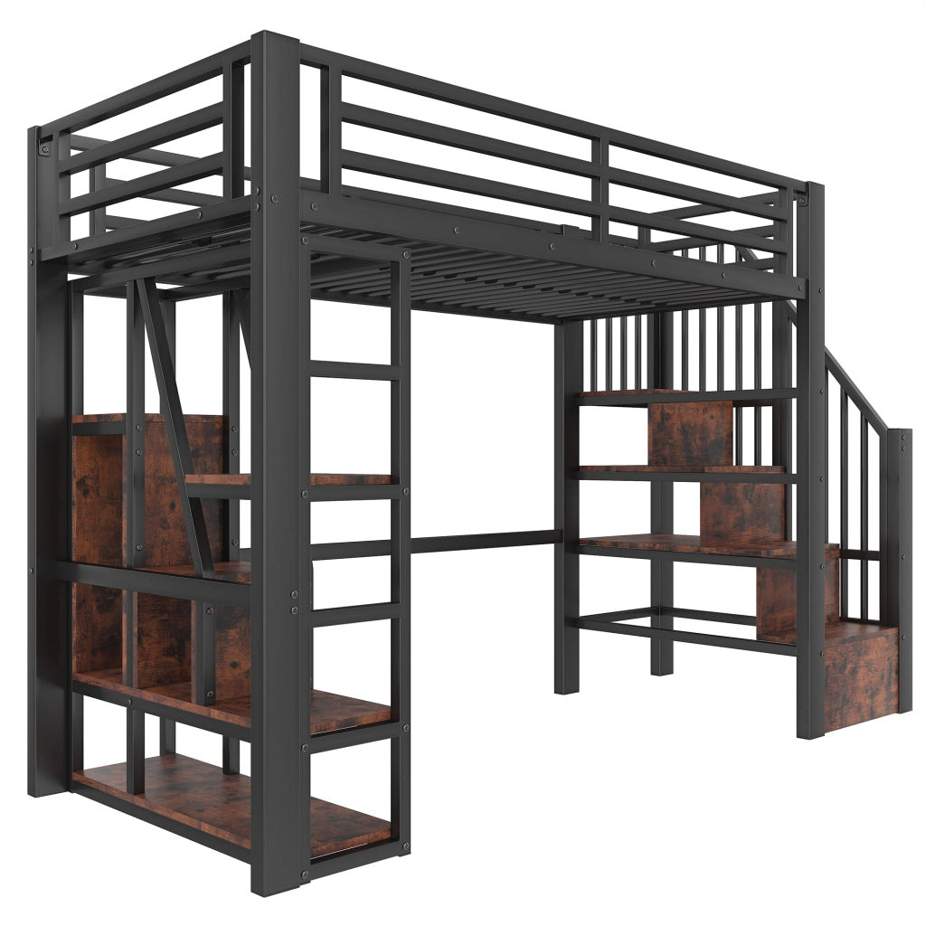 Letto a soppalco 90x200 cm nero con LED, scala contenitore, ripiani e struttura in metallo MDF