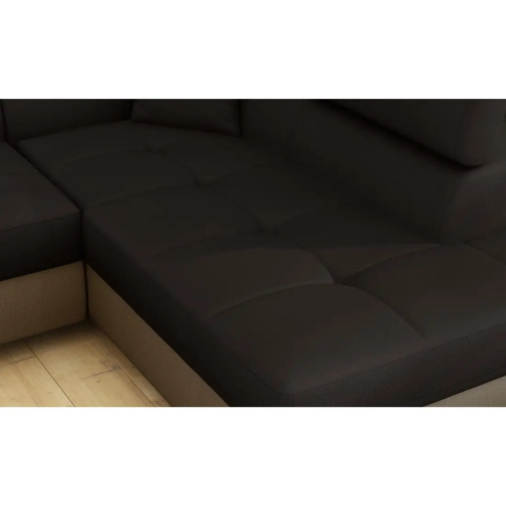 Divano angolare trasformabile MENTON marrone cioccolato e beige – Angolo destro con vano contenitore