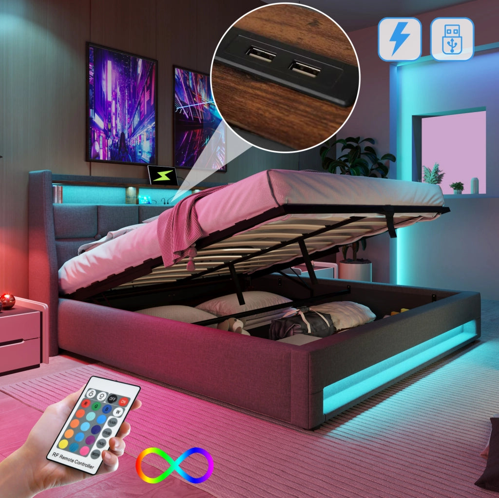 Letto imbottito 140x200 cm con LED, USB, vano contenitore e materasso incluso