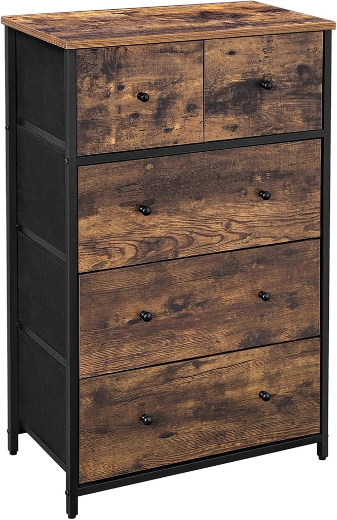 SONGMICS Cassettiera, Mobiletto con 5 Cassetti in Tessuto, Piano e Fronte in Truciolato, Credenza, Camera da Letto Soggiorno Ingresso Cameretta, Bianco e Rovere LTS514W57