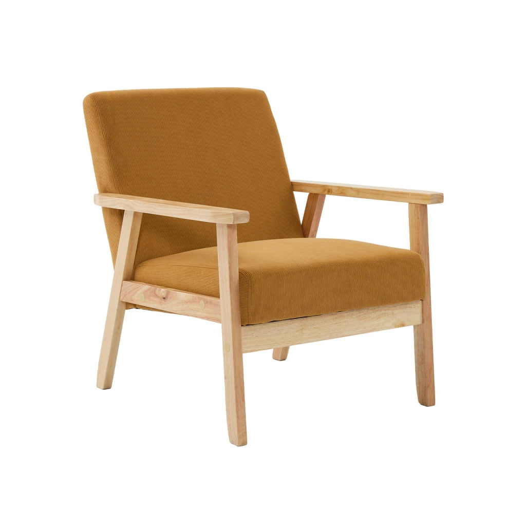 Poltrona scandinava in legno e velluto a coste, mostarda