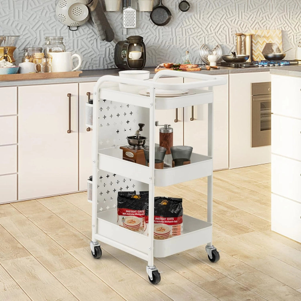 Carrello Mobile in Metallo a 3 Livelli, Carrello con Bordo di Pin, Cestini di Stoccaggio, Ganci, Carrello di Servizio con 4 Ruote, per Cucina, Bagno, Ufficio, 52x33x75cm