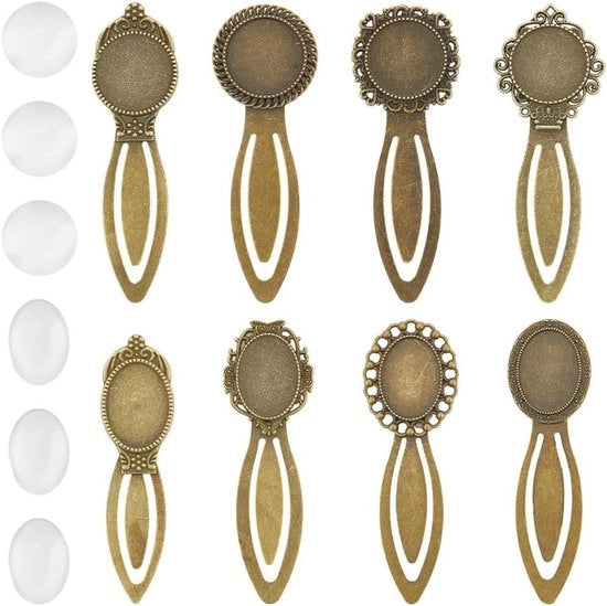 Kit di segnalibro metallico da 16 pezzi in 8 stili | Segnalibro con vetro cabochon in stile vintage | Segnalibro in lega bronzo | Kit per segnalibro da lettura per donne | Ideale per una festa di compleanno