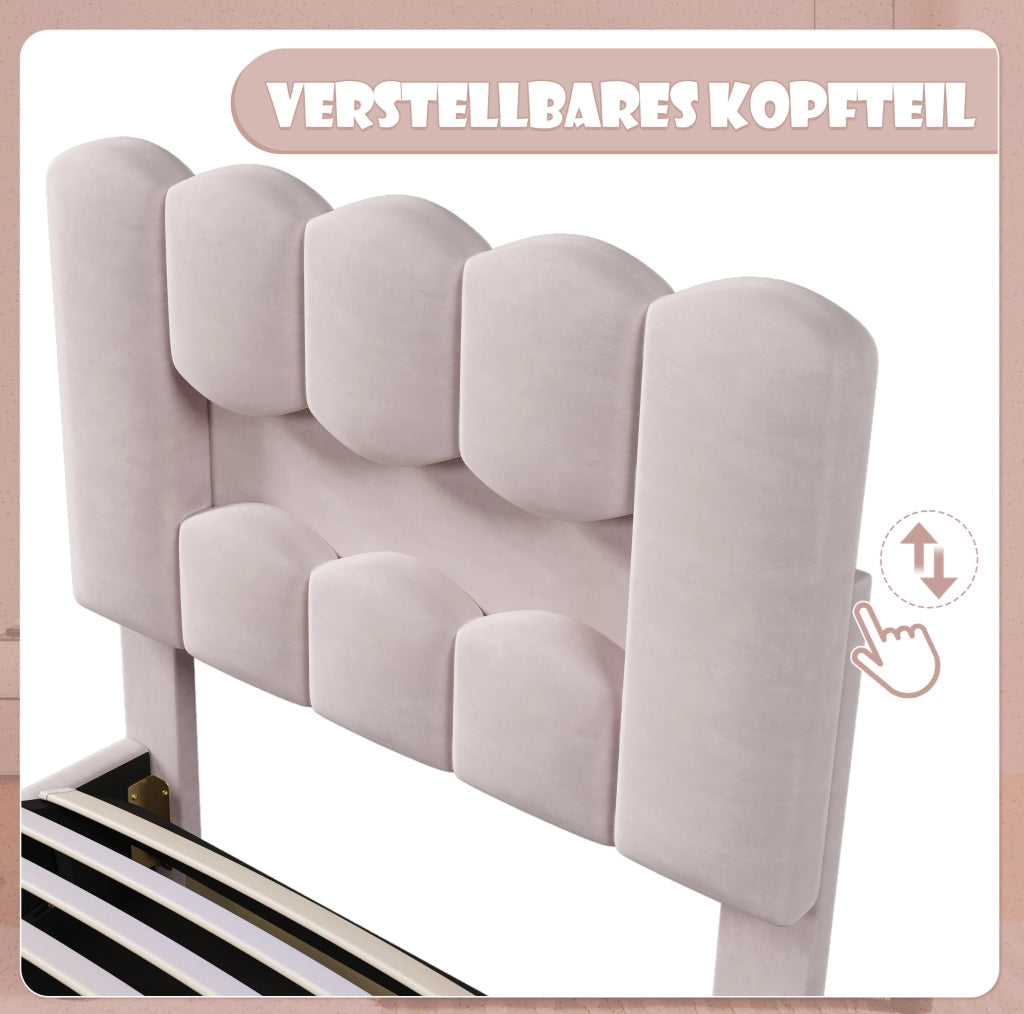 Letto imbottito 90x200 cm rosa con LED e contenitore