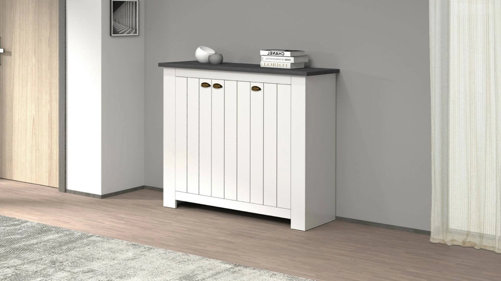 Scarpiera Seprio, Porta scarpe salvaspazio a 3 ante, Armadio multifunzione da ingresso, 114x42h100 cm, Bianco e Ardesia