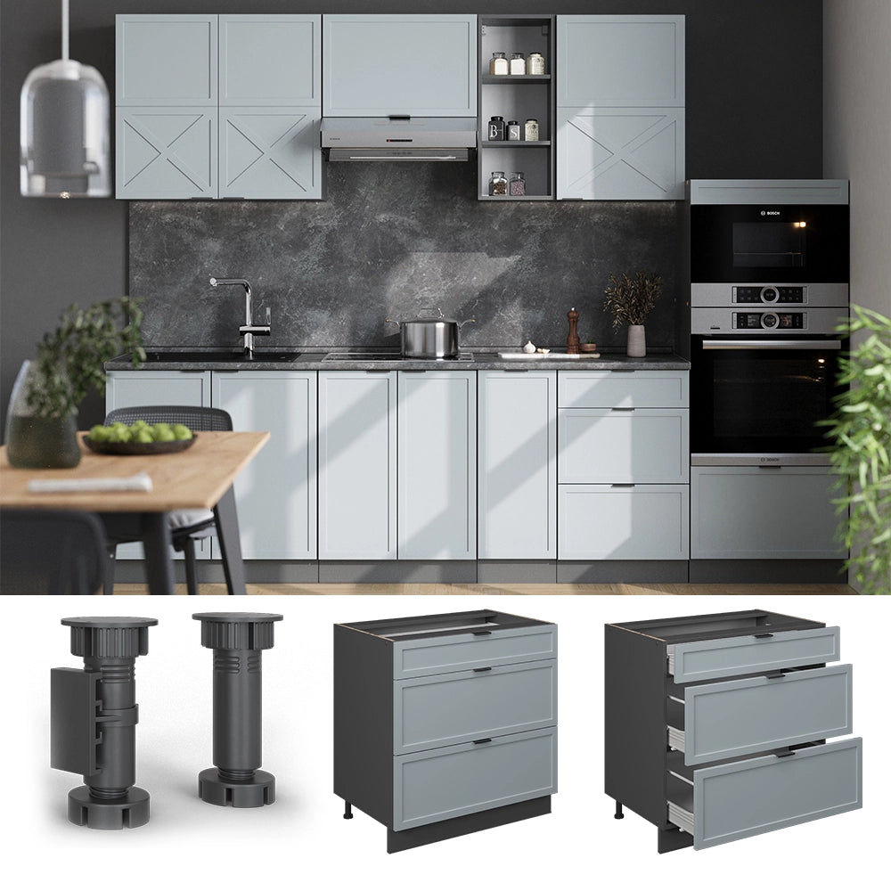 Mobiletto base per cucina Fame-Line Blu-grigio chiaro/Antracite 80 cm con 3 cassetti, PL Rovere Vicco