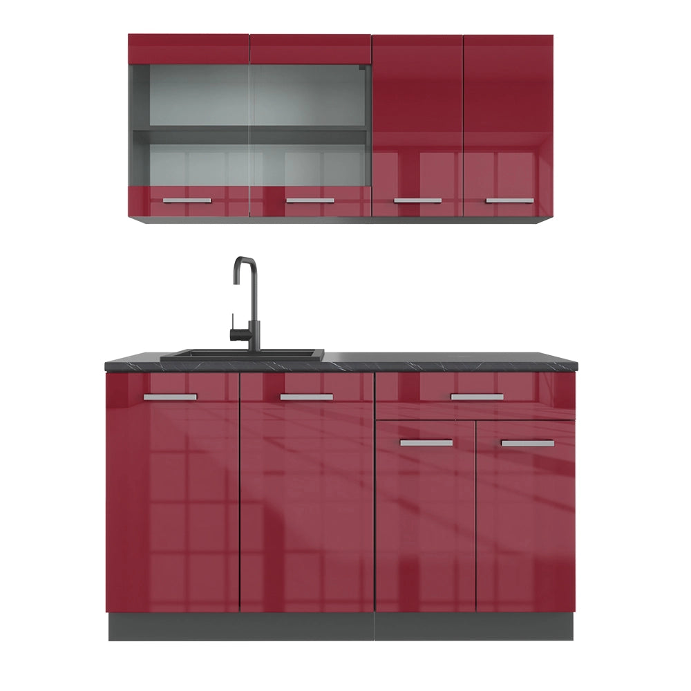 Vicco Cucina completa Rosso lucido/antracite 140 cm senza piano di lavoro