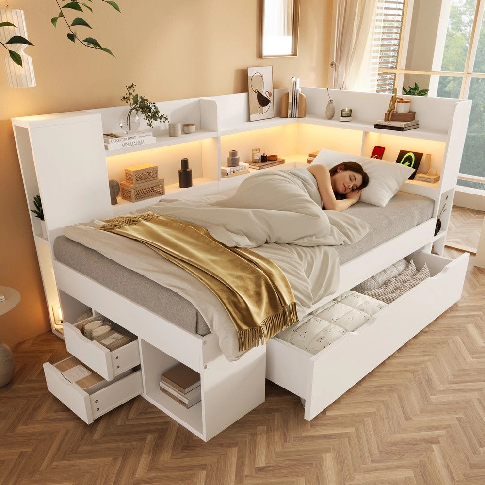 Letto Singolo 90x200 con LED, Cassetti, Ripiani e Rete a Doghe ¨C Xylo ¨C Bianco, Legno