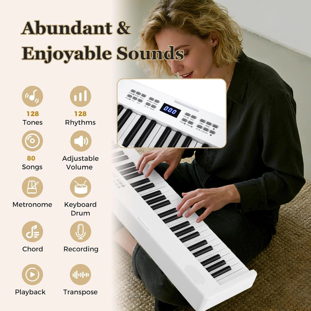 Pianoforte digitale pieghevole a 61 tasti, tastiera con auricolari, pedale, leggio, pianoforte digitale con 128 suoni e ritmi, tastiera per pianoforte con tasca (bianco)
