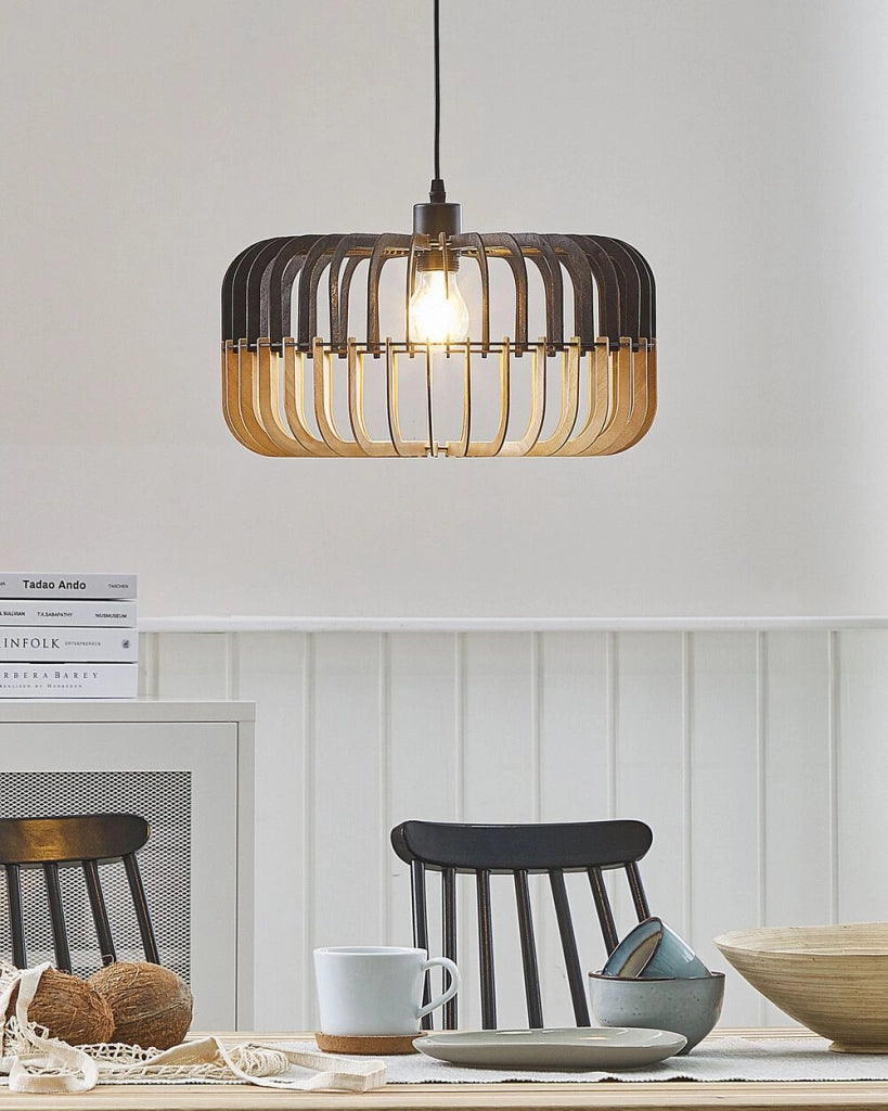 Lampadario Lampada a Sospensione in Legno Chiaro Nero Design Scandinavo