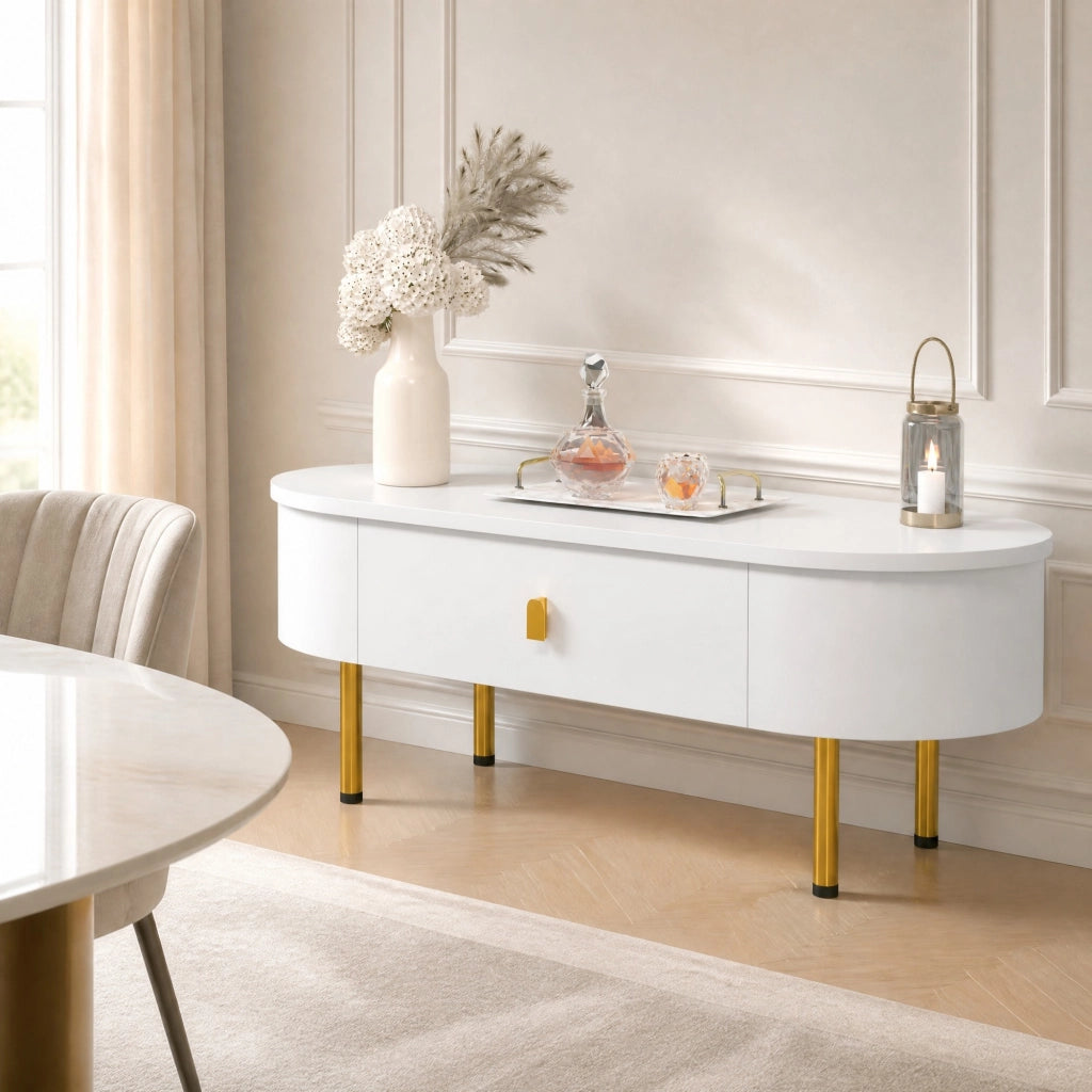 TAVOLINO 108 cm con 2 cassetti, MDF bianco, dettagli oro