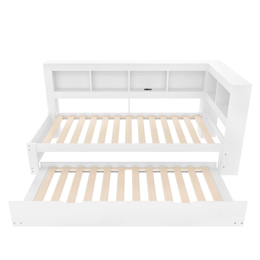 Letto estraibile singolo 90×200 cm con presa; 2 USB e ripiani; senza materasso; pino; bianco