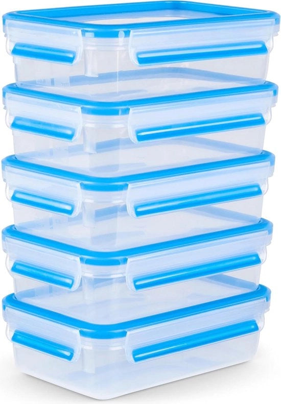 Set di contenitori per la conservazione 5 pezzi 08 litri 100% ermetico chiusura igienizzante adeguatezza per il forno a microonde e lavastoviglie resistente al congelamento trasparente-blu