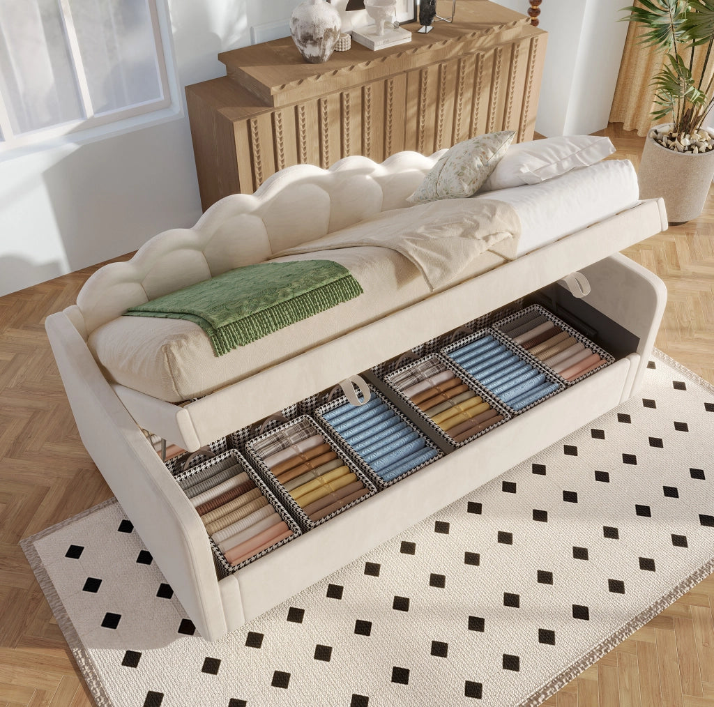 Letto singolo imbottito 90x200 cm con vano contenitore e LED beige