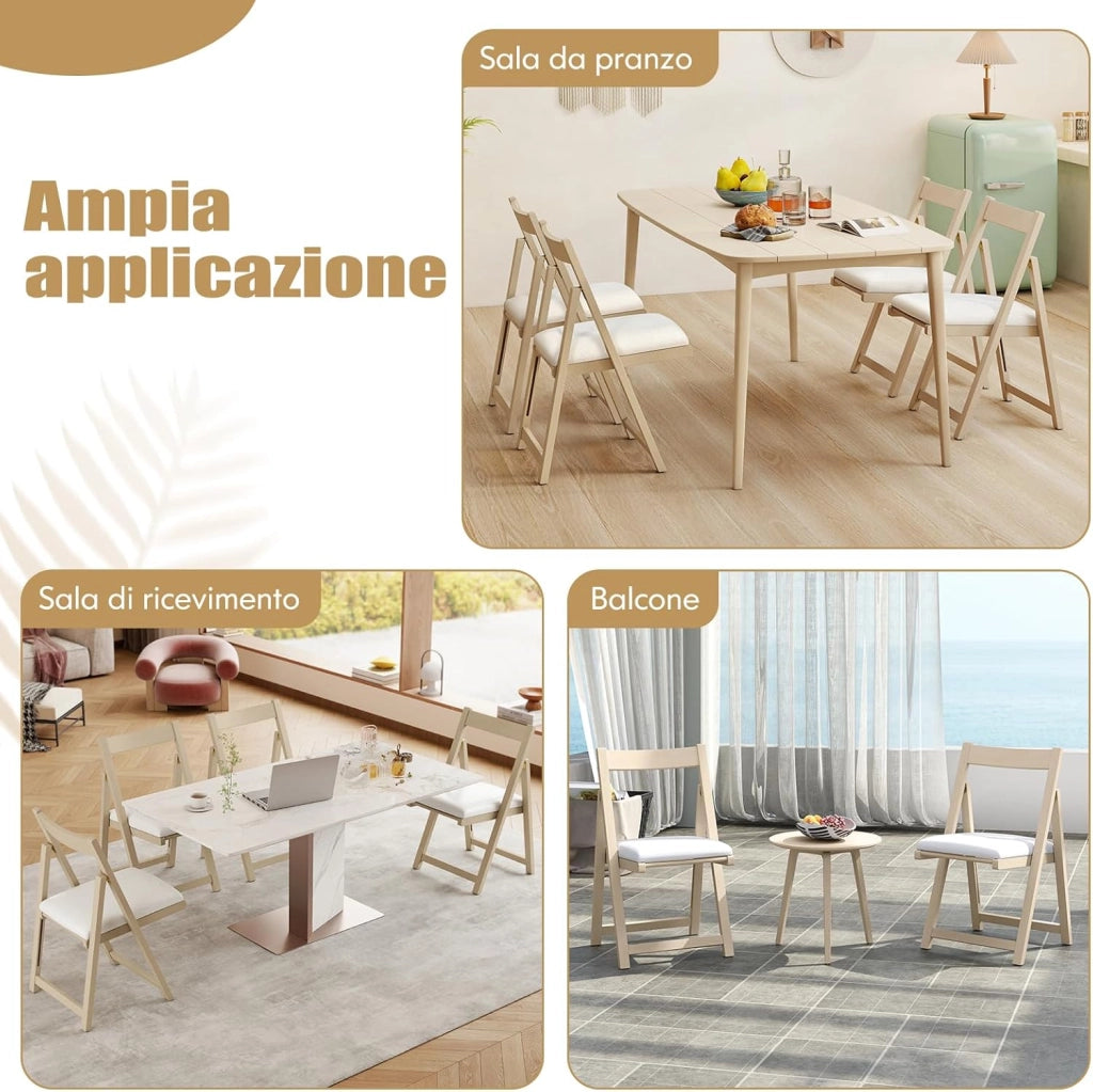 Set di 2 Sedie Pieghevole, Sedie da Pranzo in Legno di Gomma con Schienale Curvo e Seduta Imbottita, Portata 150 kg, Sedie Ergonomiche per Cucina, Soggiorno, Matrimonio e Ristorante (Beige)